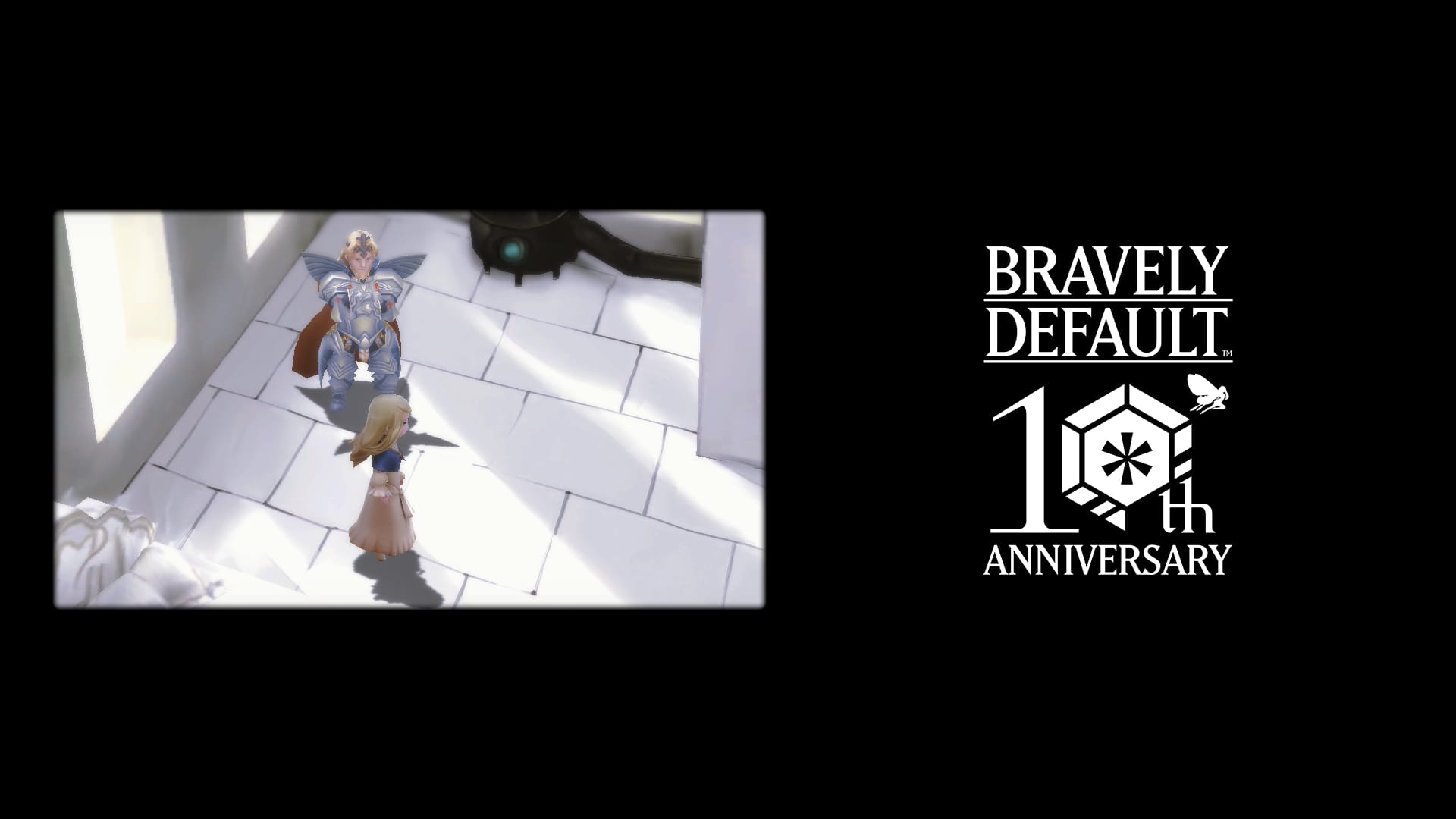 Los créditos, en una clínica médica, un templario y su mujer donde sale el logotipo de10 años de Bravely Default